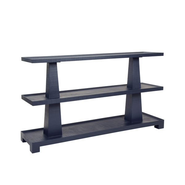 THREE TIER TWO COLUMN CONSOLE IN TEXTURED NAVY LINEN