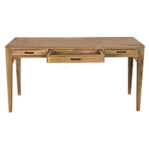 Ambrose Bleached Teak Desk with Brass Pulls and Clear Coat Finish