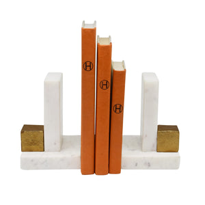 PAIR OF WHITE MARBLE BOOKENDS WITH BRASS SQUARE DETAIL