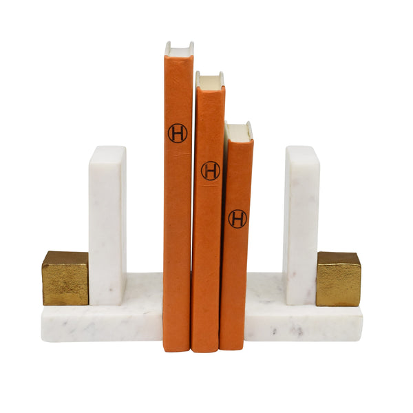 PAIR OF WHITE MARBLE BOOKENDS WITH BRASS SQUARE DETAIL