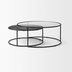 Arlo 40.0L x 40.0W x 17.0H Set of 2 Brown Wood and Glass W/Black Metal Coffee Tables