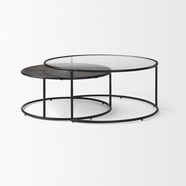 Arlo 40.0L x 40.0W x 17.0H Set of 2 Brown Wood and Glass W/Black Metal Coffee Tables