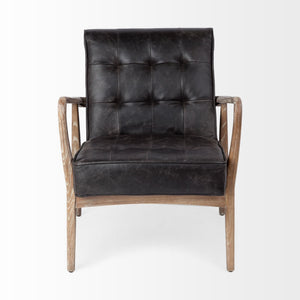 Phineas Black Leather W/ Brown Wooden Frame Accent Chair