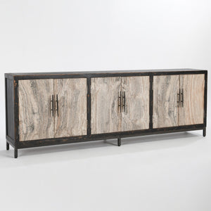 Lisbon Solid Wood 6Dr Cabinet - Weathered Black/Travertine