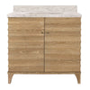 BATH VANITY WITH HORIZONTAL FLUTED DETAIL IN CERUSED OAK WITH WHITE MARBLE TOP, PORCELAIN SINK, AND POLISHED BRASS KNOBS