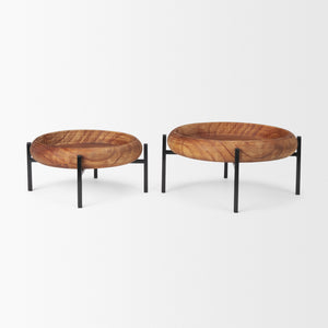 Wally Round Medium Brown Wood w/ Matte Black Metal Stand Trays