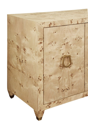 FOUR DOOR BUFFET WITH SATIN BRASS HORSEBIT INSPIRED HARDWARE AND FOOT CAPS IN BURL WOOD