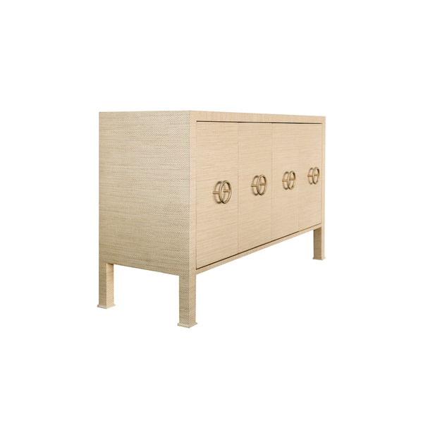 FOUR DOOR BUFFET WITH ANTIQUE BRASS CIRCLE HARDWARE IN NATURAL GRASSCLOTH