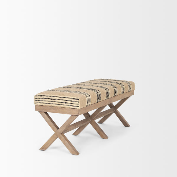 Solis 50L x 16W Brown Base Upholstered Beige/Black Stripe Seat Accent Bench