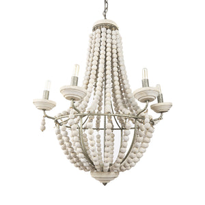 Phillum (29"x37") Silver Metal Chassis and White Wood Beaded Six Bulb Chandelier