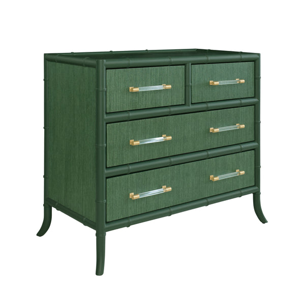 FOUR DRAWER CHEST WITH BAMBOO DETAIL IN GREEN DYED GRASSCLOTH AND DARK GREEN MATTE LACQUER