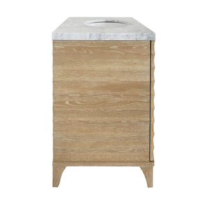BATH VANITY WITH HORIZONTAL FLUTED DETAIL IN CERUSED OAK WITH WHITE MARBLE TOP, PORCELAIN SINK, AND POLISHED BRASS KNOBS