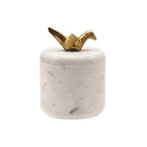 WHITE MARBLE CONTAINER WITH BRASS ORIGAMI BIRD