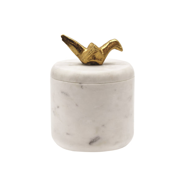 WHITE MARBLE CONTAINER WITH BRASS ORIGAMI BIRD