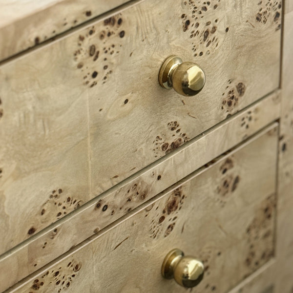 TWO DRAWER SIDE TABLE WITH OPEN TOP SHELF IN BURL WOOD WITH POLISHED BRASS KNOBS
