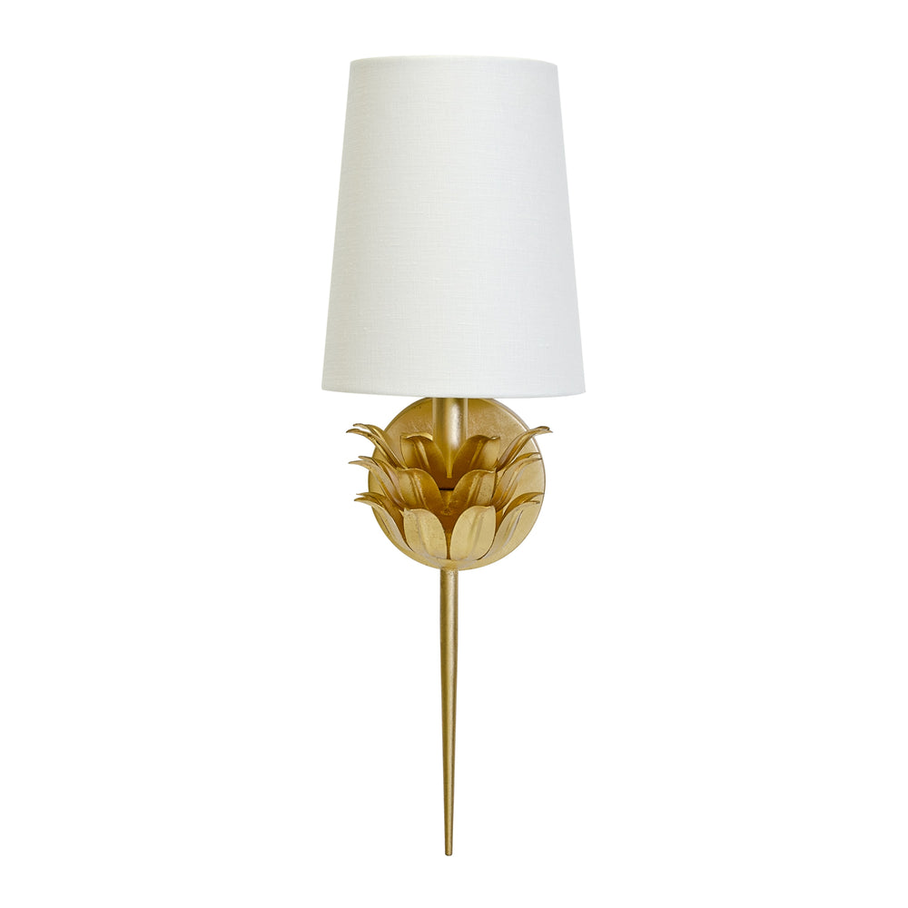 GLD LF ONE ARM SCONCE W 3 LR LF MOTIF & WH LINEN SHD