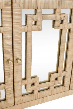 FOUR DOOR BUFFET WITH MIRROR FRONT DOORS AND WRAPPED RATTAN