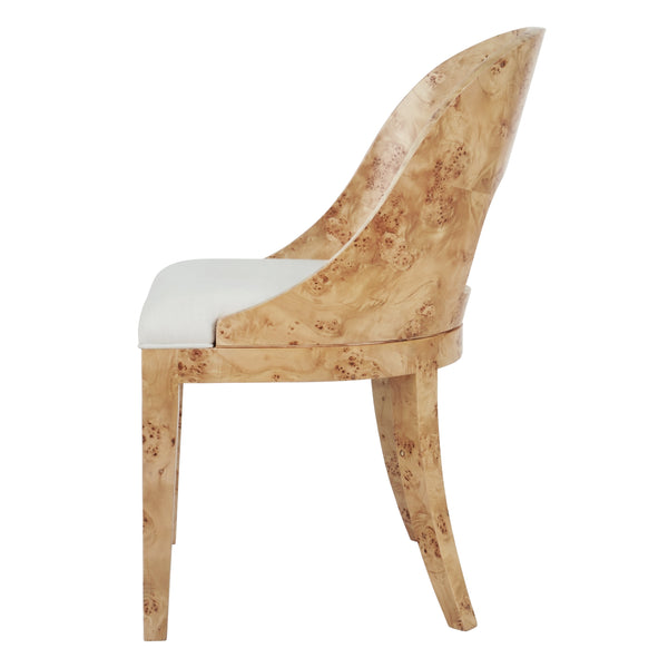 CURVED BACK WOODEN DINING CHAIR IN BURL WOOD WITH PERFORMANCE WHITE LINEN UPHOLSTERY