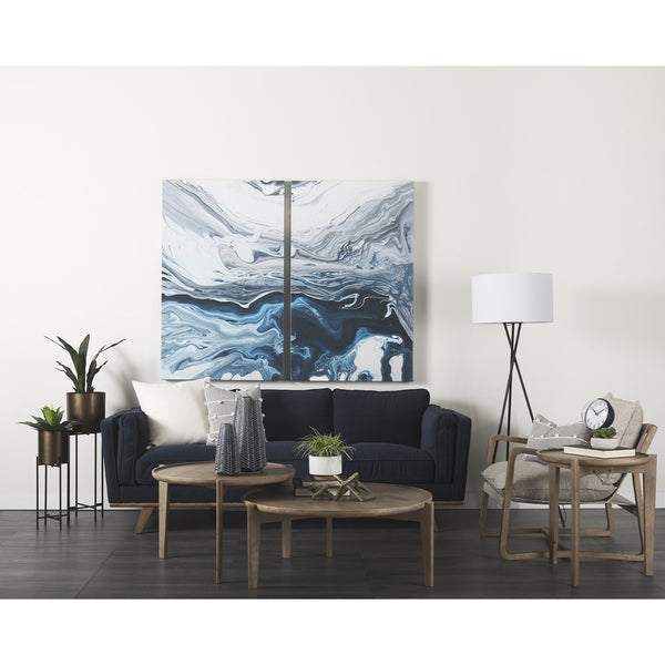 Brooks 90.2L x 34.8W x 33.5H Navy Blue Fabric Three Seater Sofa W/ Medium Brown Wooden Legs