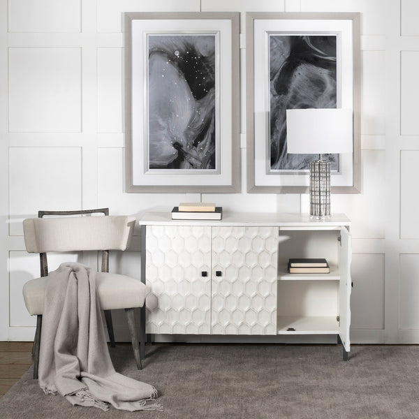 Savannah White Fir Veneer & Gray Metal 3-Door Accent Cabinet
