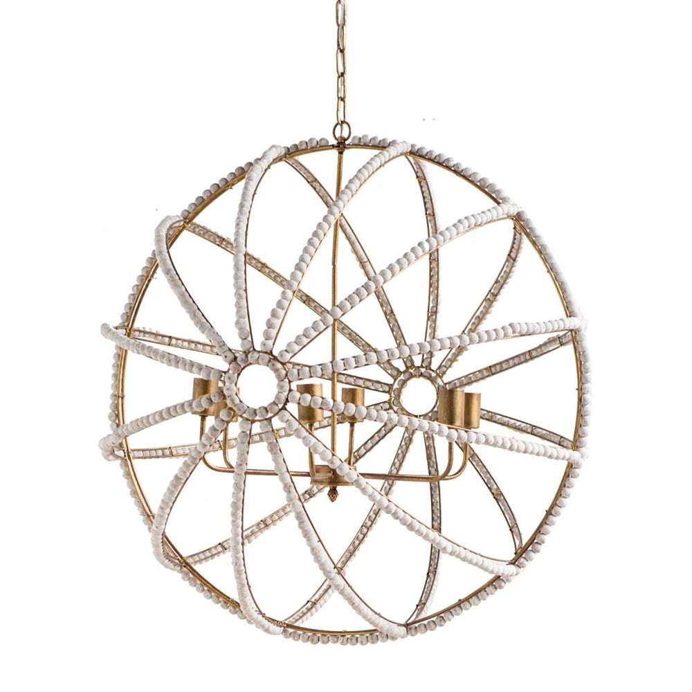 Ava White (34"D) Gold Metal and White Wood Beaded Six Bulb Chandelier