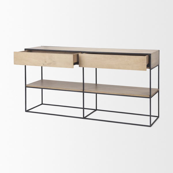 Morris 63.0L x 15.0W x 31.0H Beige Wood w/ Black Metal Frame 2 Drawer Console Table