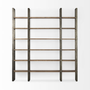 Taunton 80L x 10.5W x 90H Medium Brown Wood W/ Antique Nickel Metal Frame 6 Tier Shelving Unit