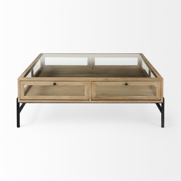 Arelius 42" Square Glass-Top Light Brown w/ Black Metal Base Display Coffee Table
