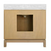 BATH VANITY IN CERUSED OAK WITH ANTIQUE BRASS CIRCLE HARDWARE, WHITE MARBLE TOP, AND PORCELAIN SINK