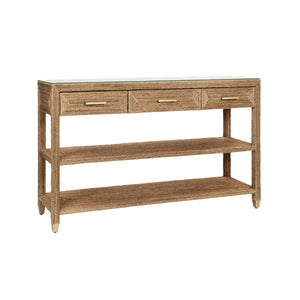 THREE DRAWER CONSOLE WITH SATIN BRASS HARDWARE AND FOOT CAPS IN WRAPPED ROPE