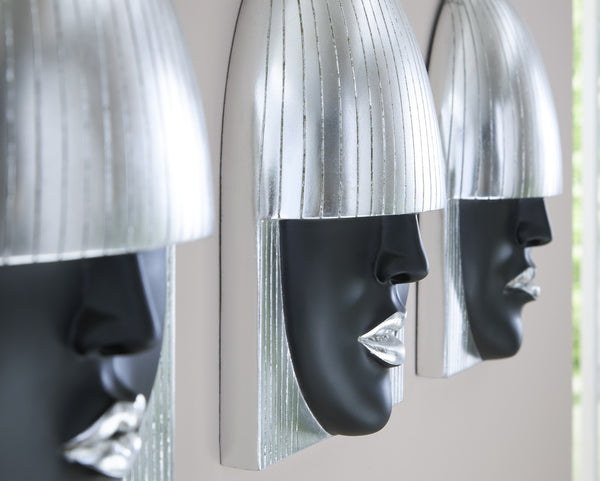 Fashion Faces Wall Art, Smallall, Black And Silver Leaf, Set Of 3