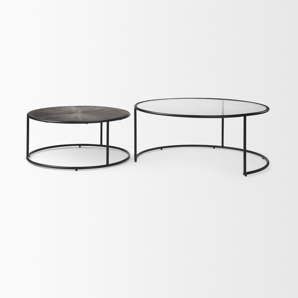 Arlo 40.0L x 40.0W x 17.0H Set of 2 Brown Wood and Glass W/Black Metal Coffee Tables