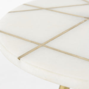 Vivienne  16.0L x 16.0W x 19.0H White Marble W/Antique Gold Metal Round Small Side Table