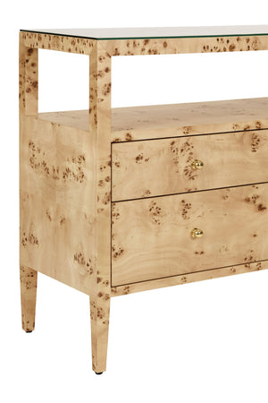 SIX DRAWER CONSOLE WITH OPEN SHELF IN BURL WOOD WITH POLISHED BRASS KNOBS
