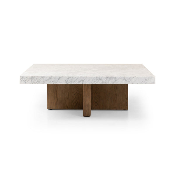 Bellamy Square Coffee Table In White Carrera Marble