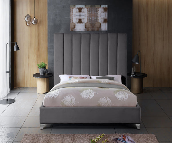 Glenda King Bed In Grey Velvet