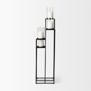 Cindy 4-Tier, Matte Black Metal w/ Hurricane Glass, Pillar Candle Floor Lantern
