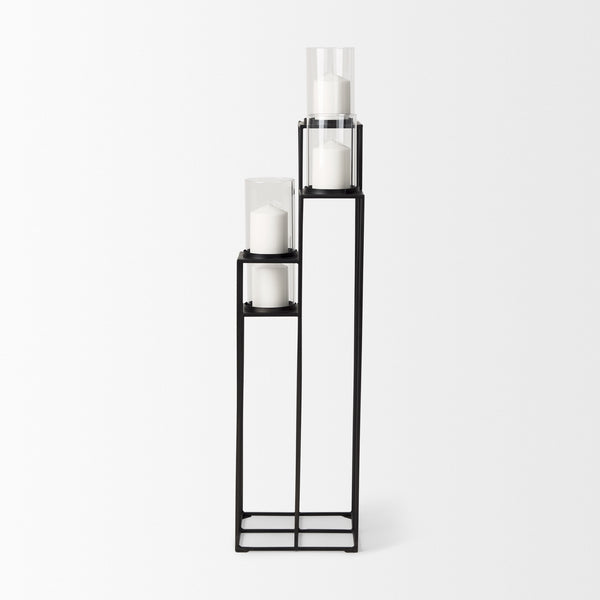 Cindy 4-Tier, Matte Black Metal w/ Hurricane Glass, Pillar Candle Floor Lantern