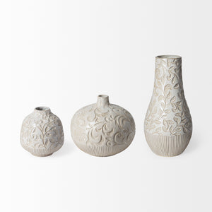 Jadiza II Medium White Glaze Floral Pattern Vase