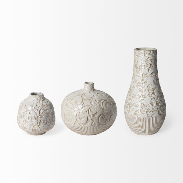 Jadiza II Medium White Glaze Floral Pattern Vase