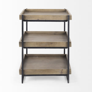 Trey III 20" x 26" Square Medium Brown Wooden Three-Tiered Black Iron Frame End/Side Table
