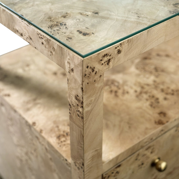 TWO DRAWER SIDE TABLE WITH OPEN TOP SHELF IN BURL WOOD WITH POLISHED BRASS KNOBS