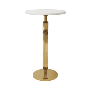 ROUND SIDE TABLE WITH BRASS RACETRACK DETAIL BASE AND WHITE MARBLE TOP
