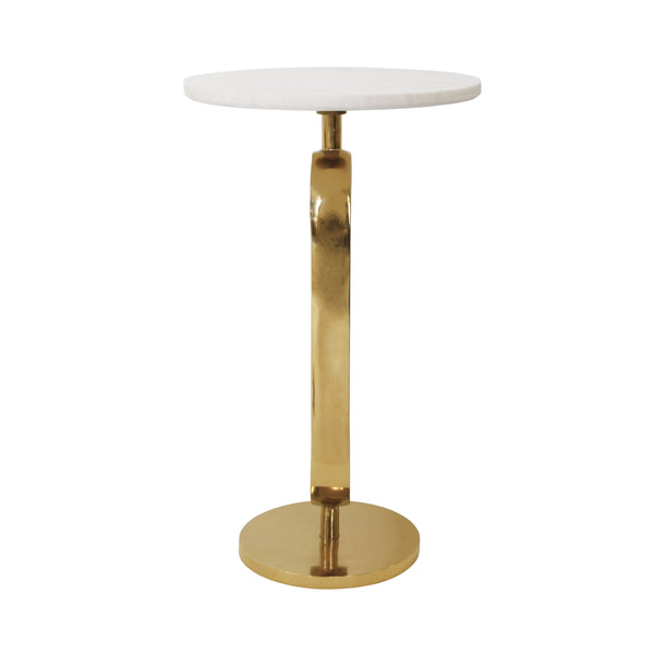 ROUND SIDE TABLE WITH BRASS RACETRACK DETAIL BASE AND WHITE MARBLE TOP