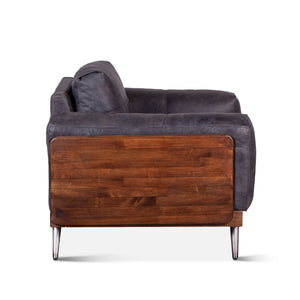 Mid-Century Leather and Wood Armchair, Antique Ebony