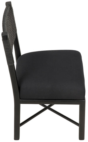 Lobos Sungkai and Mindi Chair with Woven Leather Backrest in Charcoal Black with Black Cotton Upholstery
