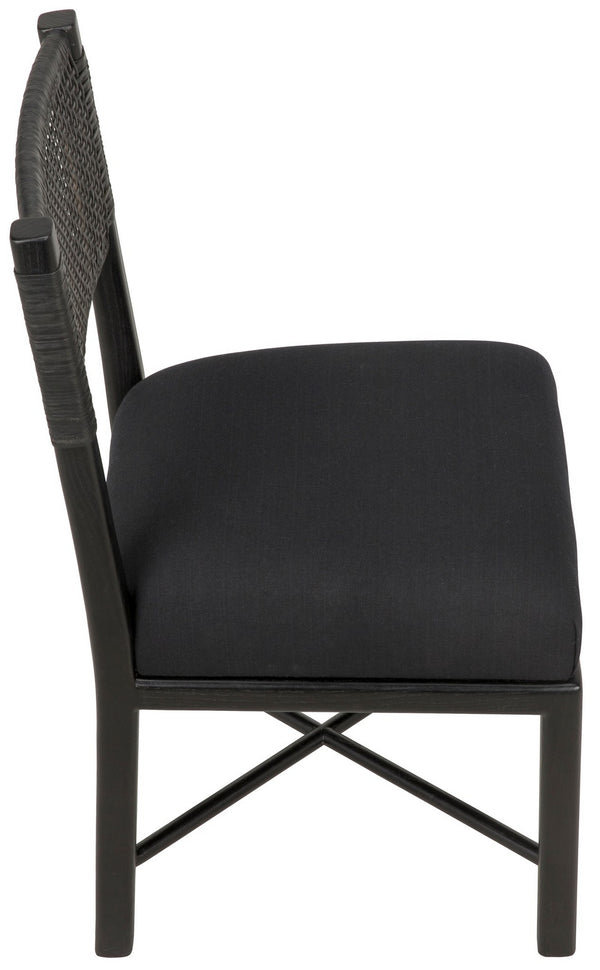 Lobos Sungkai and Mindi Chair with Woven Leather Backrest in Charcoal Black with Black Cotton Upholstery