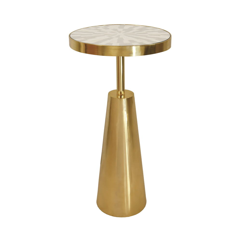 TAPERED BRASS SIDE TABLE WITH ROUND INLAID RADIAL NATURAL BONE AND RESIN TOP