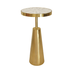 TAPERED BRASS SIDE TABLE WITH ROUND INLAID RADIAL NATURAL BONE AND RESIN TOP