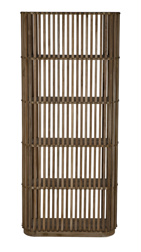 Opal Teak & Veneer Bookcase with Brass Nailhead Accents in Natural Finish